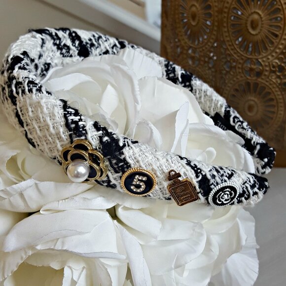 NEW! TWEED & CAMELIA FLOWER Padded HEADBAND - Picture 1 of 4